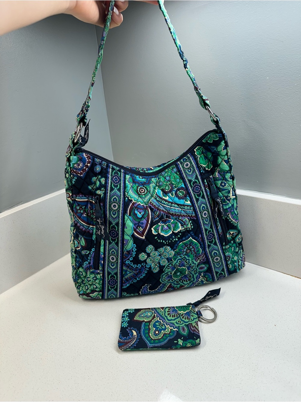 Vera Bradley Quilted Shoulder Bag Purse Blue Green Paisley w/ Matching Keychain